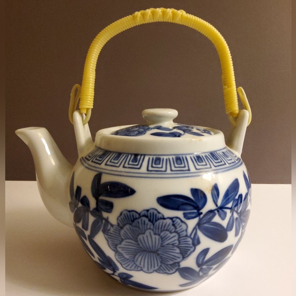 Japanese Blue and White Porcelain Floral Teapot - 1950's